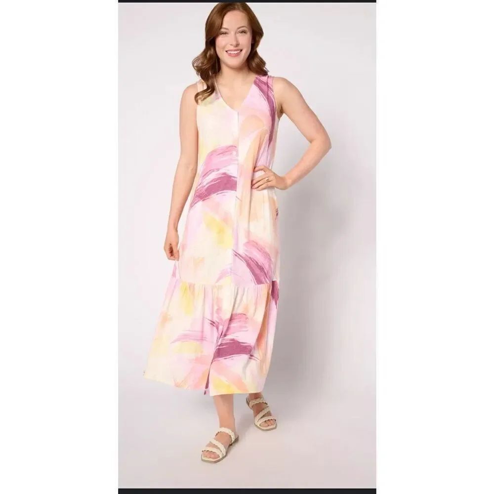 Denim & Co Naturals multicolor linen blend midi sleeveless button up dress M
